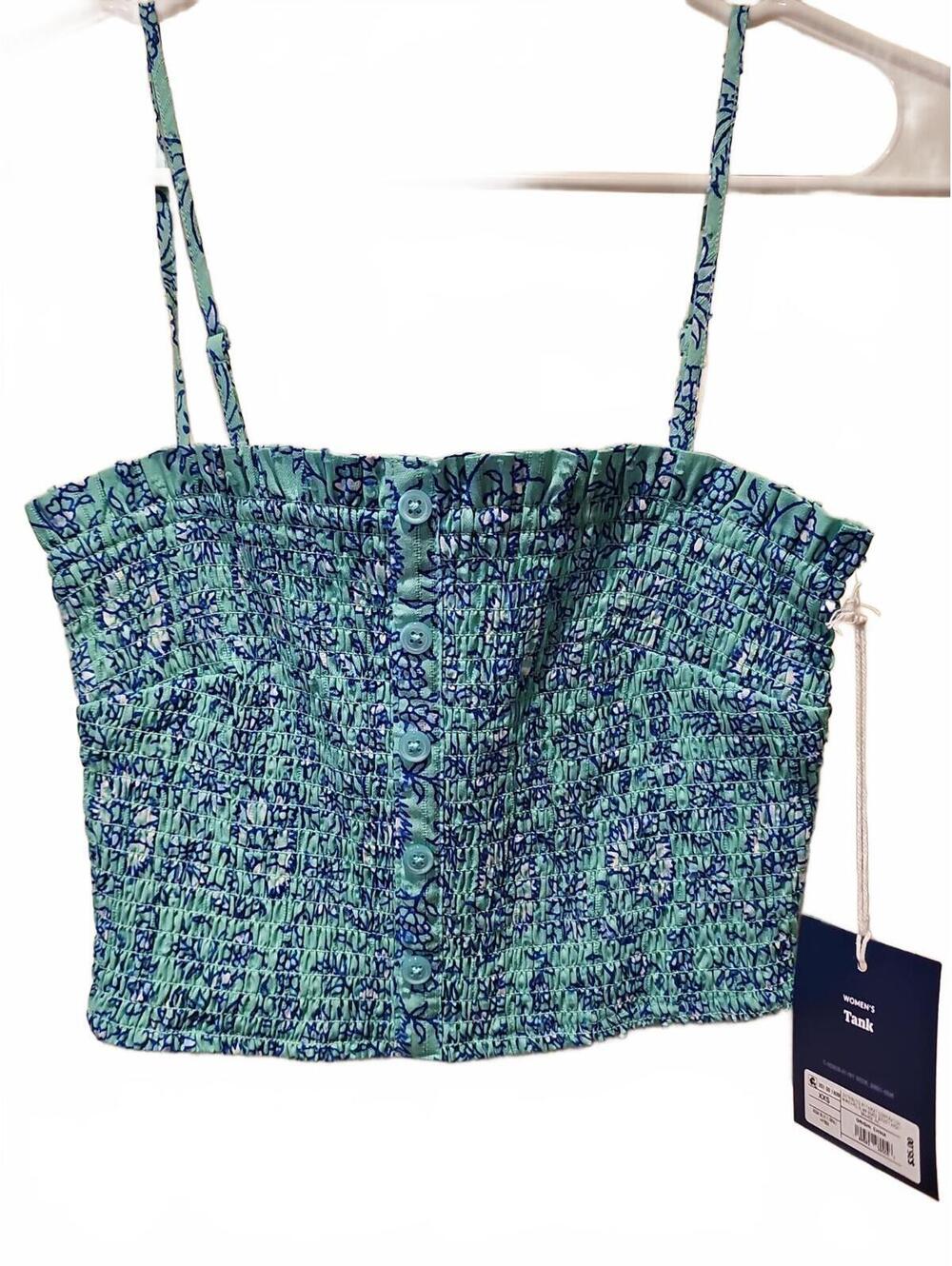 Roller Rabbit Aqua Blue Floral Smocked Cropped Square Neck Tank Top Size XXS NWT